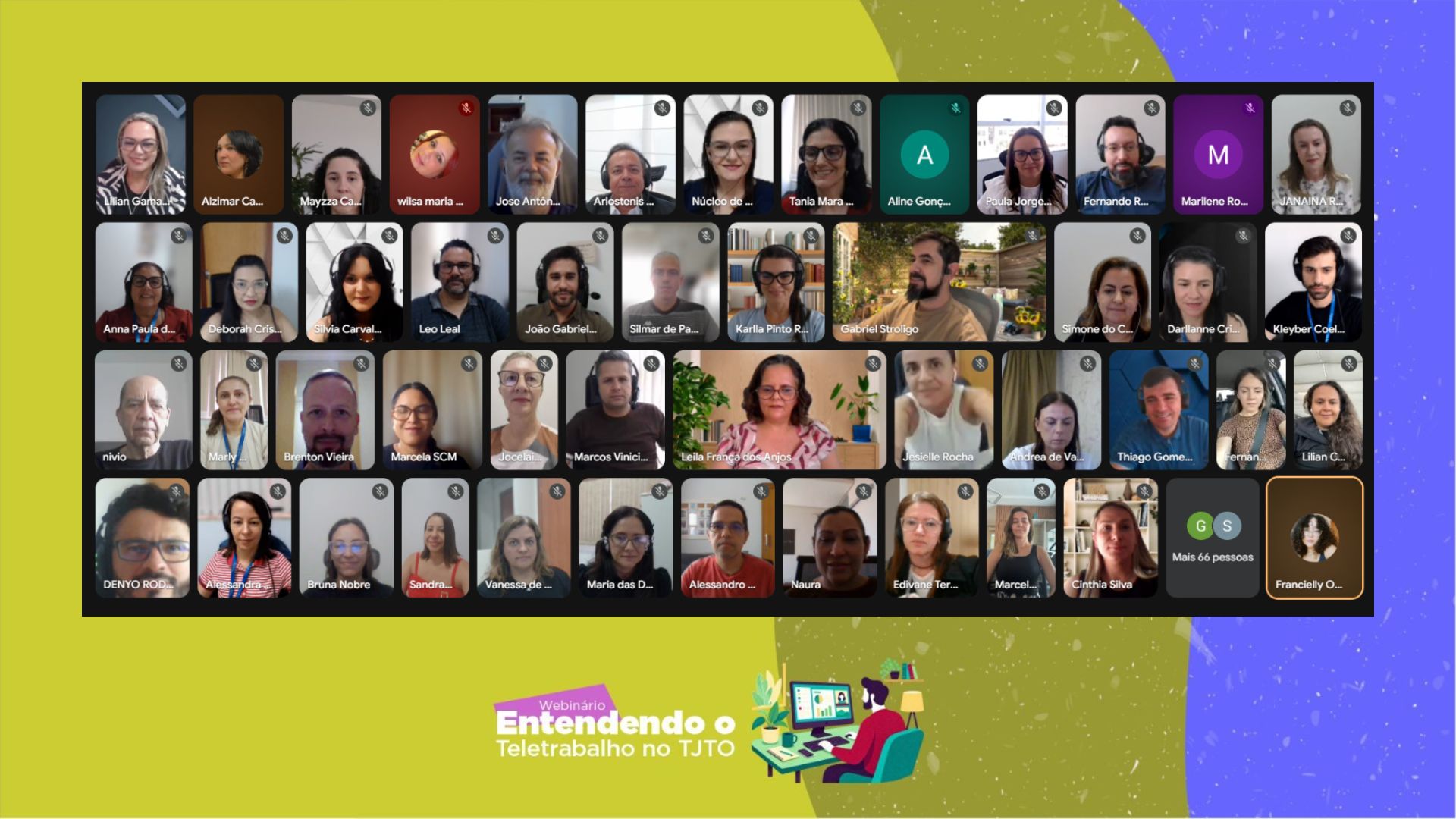 A imagem mostra a captura de tela da reunião virtual do Webinário "Entendendo o Teletrabalho no TJTO", mostrando uma grade com diversos participantes conectados por videoconferência.