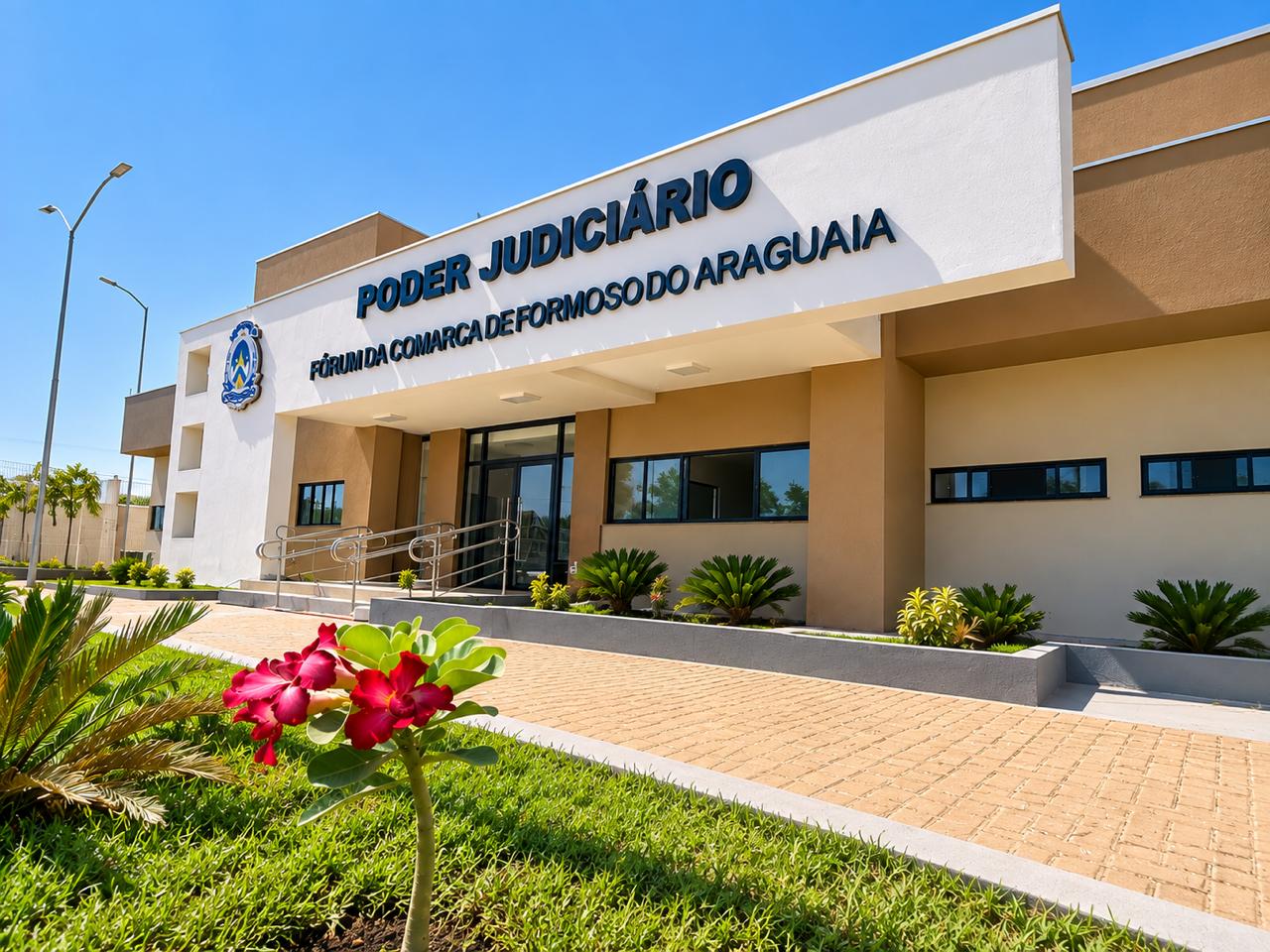 Fachada da nova sede do Fórum da Comarca de Formoso do Araguaia, com entrada acessível, paisagismo e estrutura moderna.