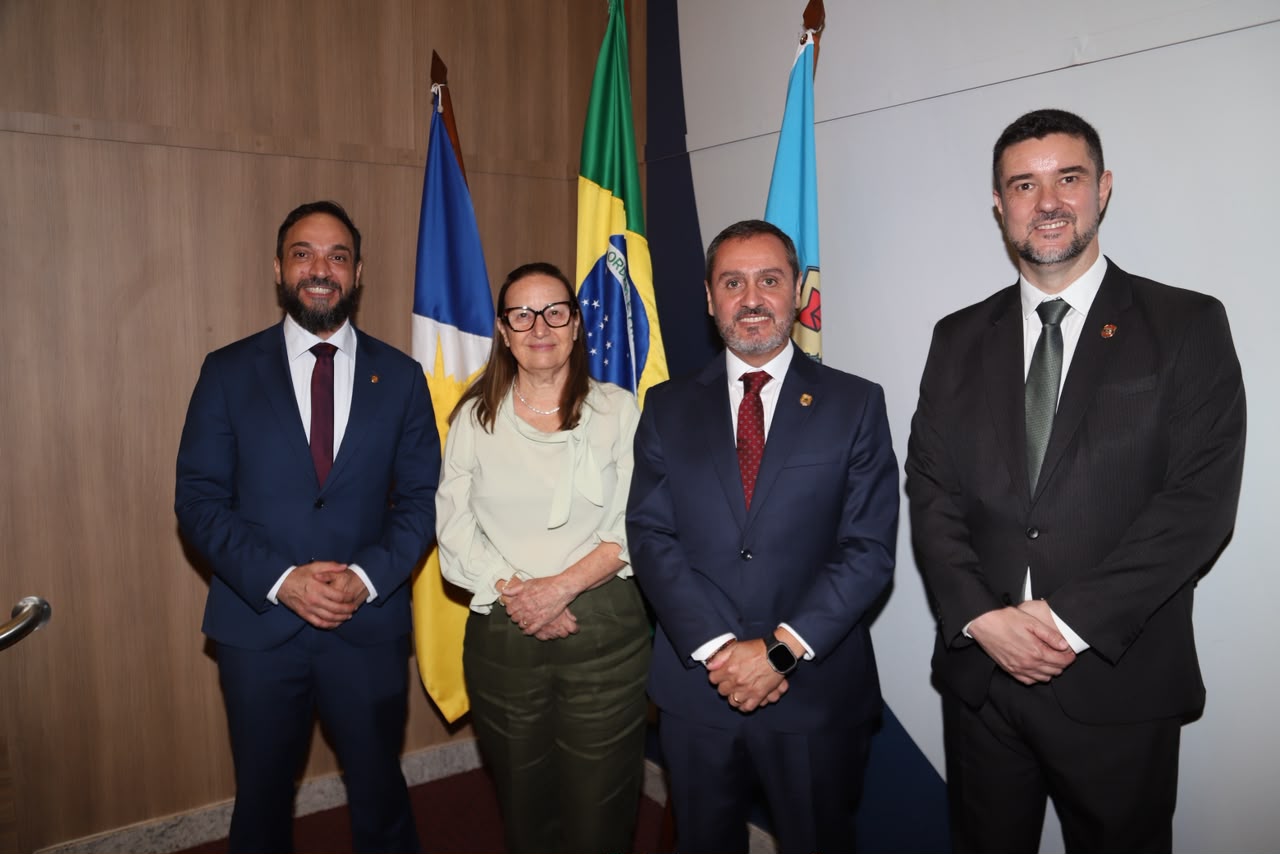 A imagem mostra a presidente do TJTO, desembargadora Maysa Vendramini Rosal, ao lado do ex-superintendente Reginaldo Donizetti Gallan Batista, do novo superintendente Fernando Paganelli Rodrigues e do diretor-geral da Polícia Federal, Andrei Augusto Passos Rodrigues. Os quatro estão de pé, lado a lado, diante das bandeiras do Brasil e do Tocantins, durante a cerimônia de posse do novo superintendente.