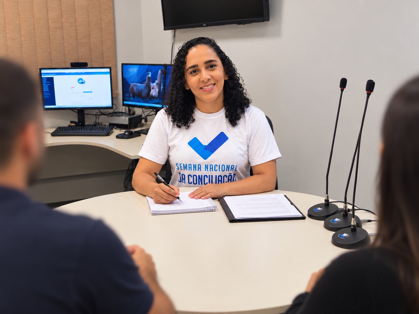 Conciliadora judicial, sentada à mesa em uma sala de conciliação, com documentos à frente. Ela usa camiseta da Semana Nacional da Conciliação. Duas pessoas aparecem de costas, sentadas à sua frente.
