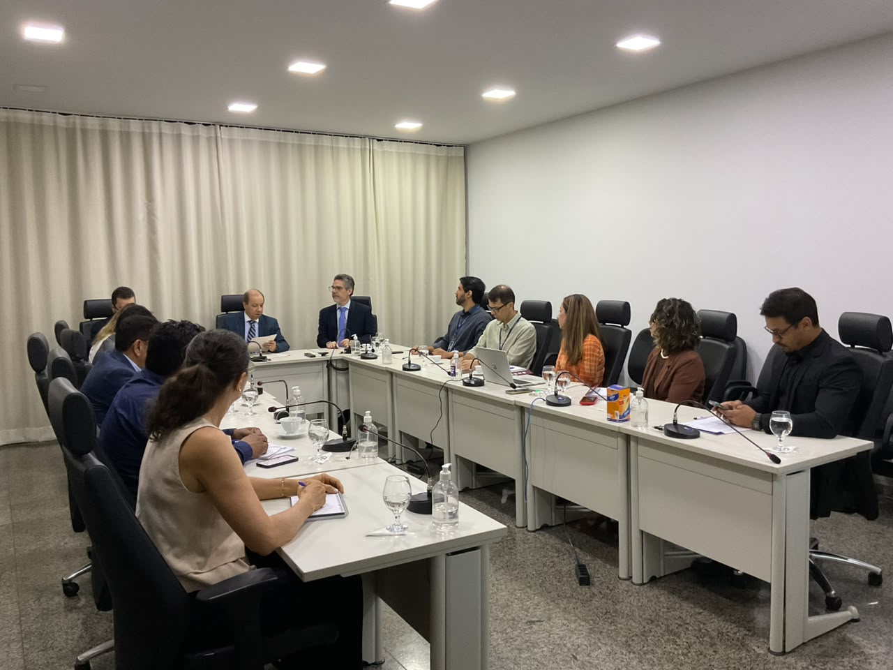 A imagem mostra representantes de diferentes instituições reunidos em uma sala, sentados ao redor de mesas durante uma reunião. O encontro debate ações e estratégias para fortalecer o Sistema de Justiça Juvenil no Tocantins.