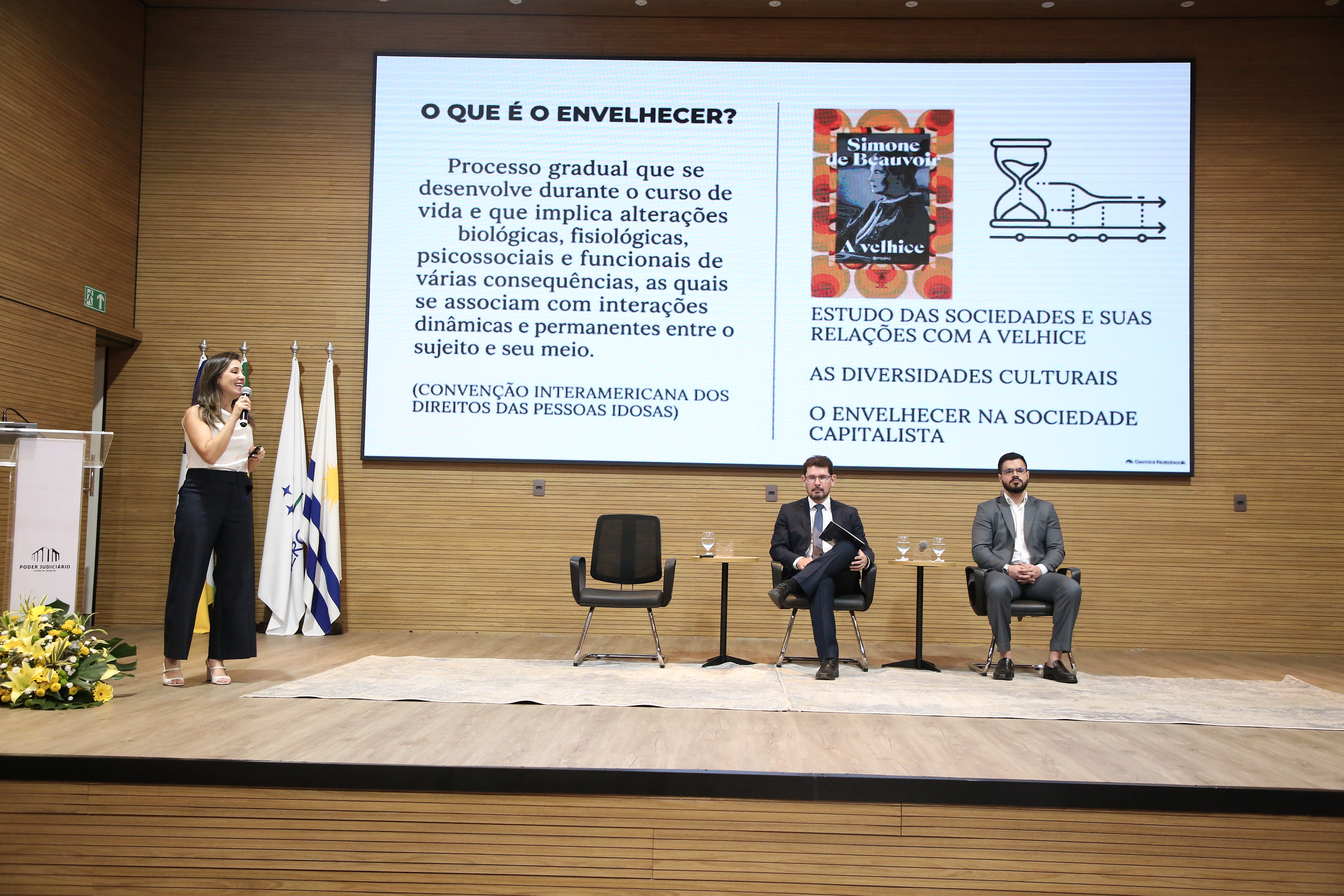 A imagem mostra uma palestrante no palco durante o IV Seminário da Pessoa Idosa, apresentando slides em um grande telão sobre o tema "O que é o envelhecer?". Ao fundo do palco, dois homens de terno assistem à apresentação sentados em poltronas ao lado de bandeiras oficiais.