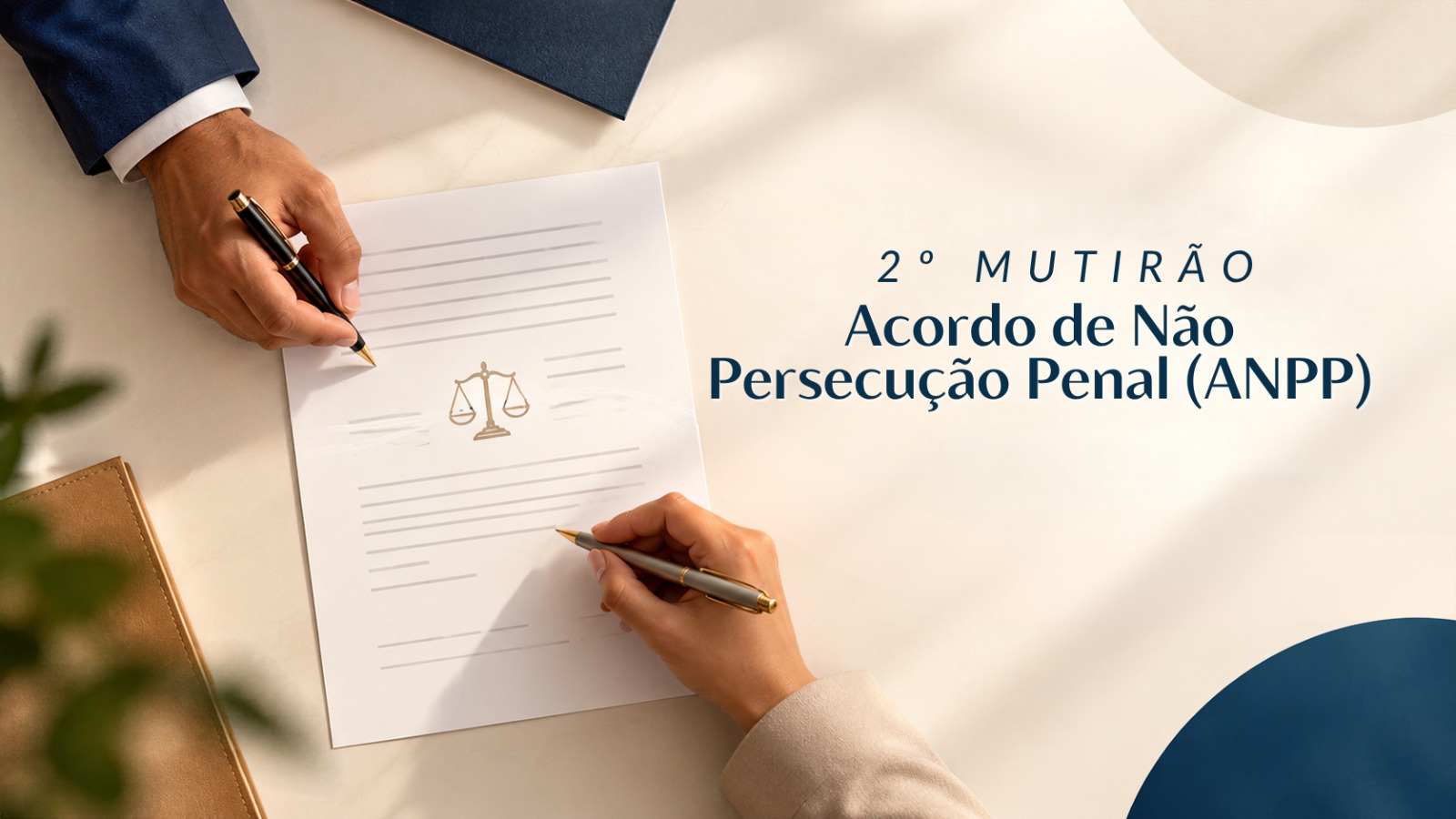 A imagem mostra uma pessoa escrevendo em um documento sobre uma mesa. Ao lado, aparece o texto: “2º Mutirão – Acordo de Não Persecução Penal (ANPP)”.