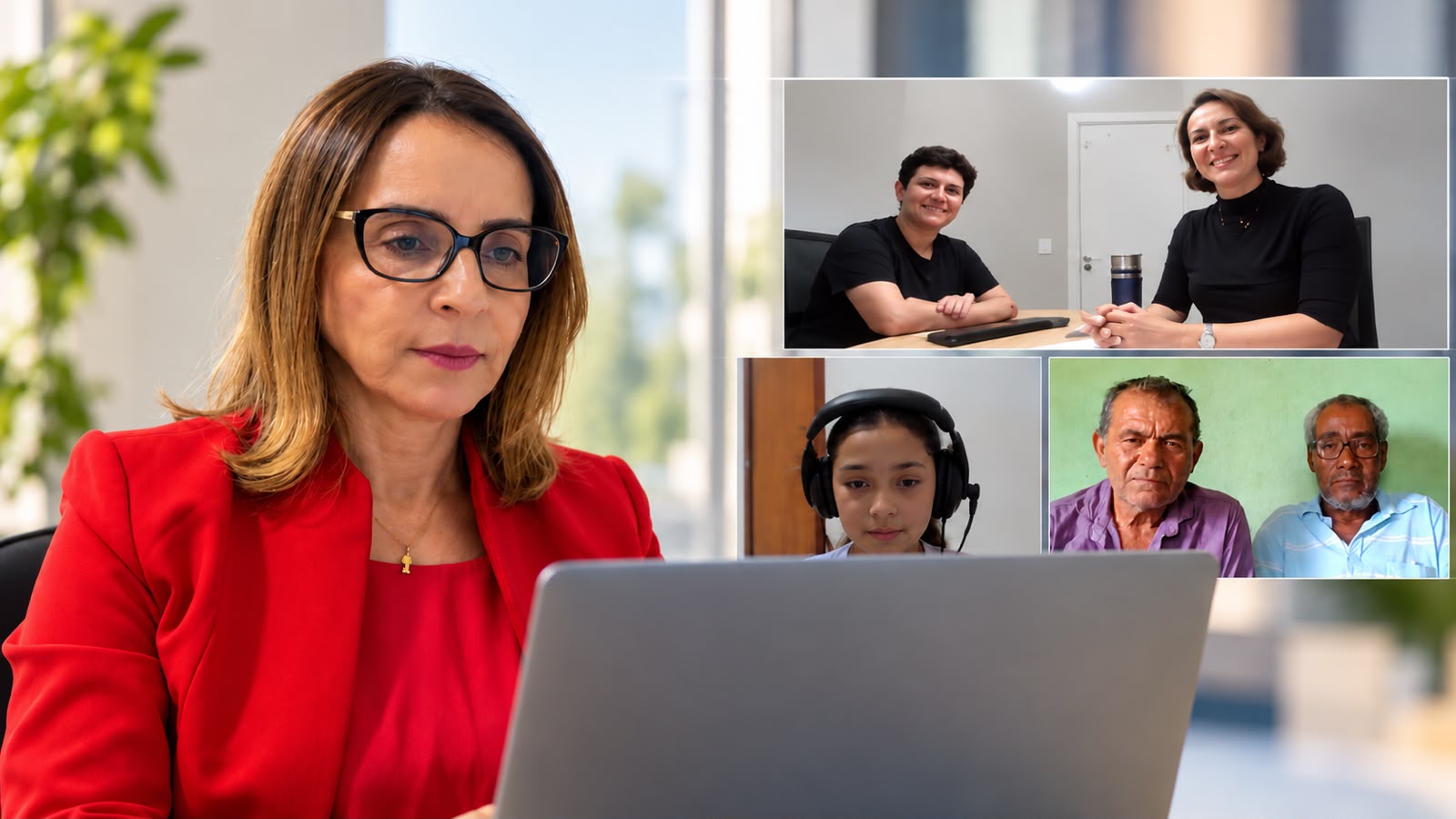 A imagem retrata a juíza Maria Celma Louzeiro Tiago de terno vermelho e óculos, observando atentamente a tela de um notebook durante uma audiência virtual. No canto direito, pequenos quadros mostram os demais participantes da videochamada.