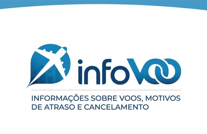 Logomarca do InfoVOO em fundo branco, com ícone azul de avião em diagonal e o nome da plataforma ao lado. Abaixo, o texto: “Informações sobre voos, motivos de atraso e cancelamento”.