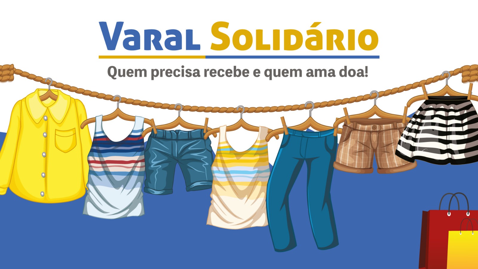 Ilustração com o título da campanha do TJTO, “Varal Solidário” e o slogan “Quem precisa recebe e quem ama doa!”. A imagem mostra um varal com várias peças de roupa penduradas — como camisa, blusas, shorts, calça e saia — simbolizando doações