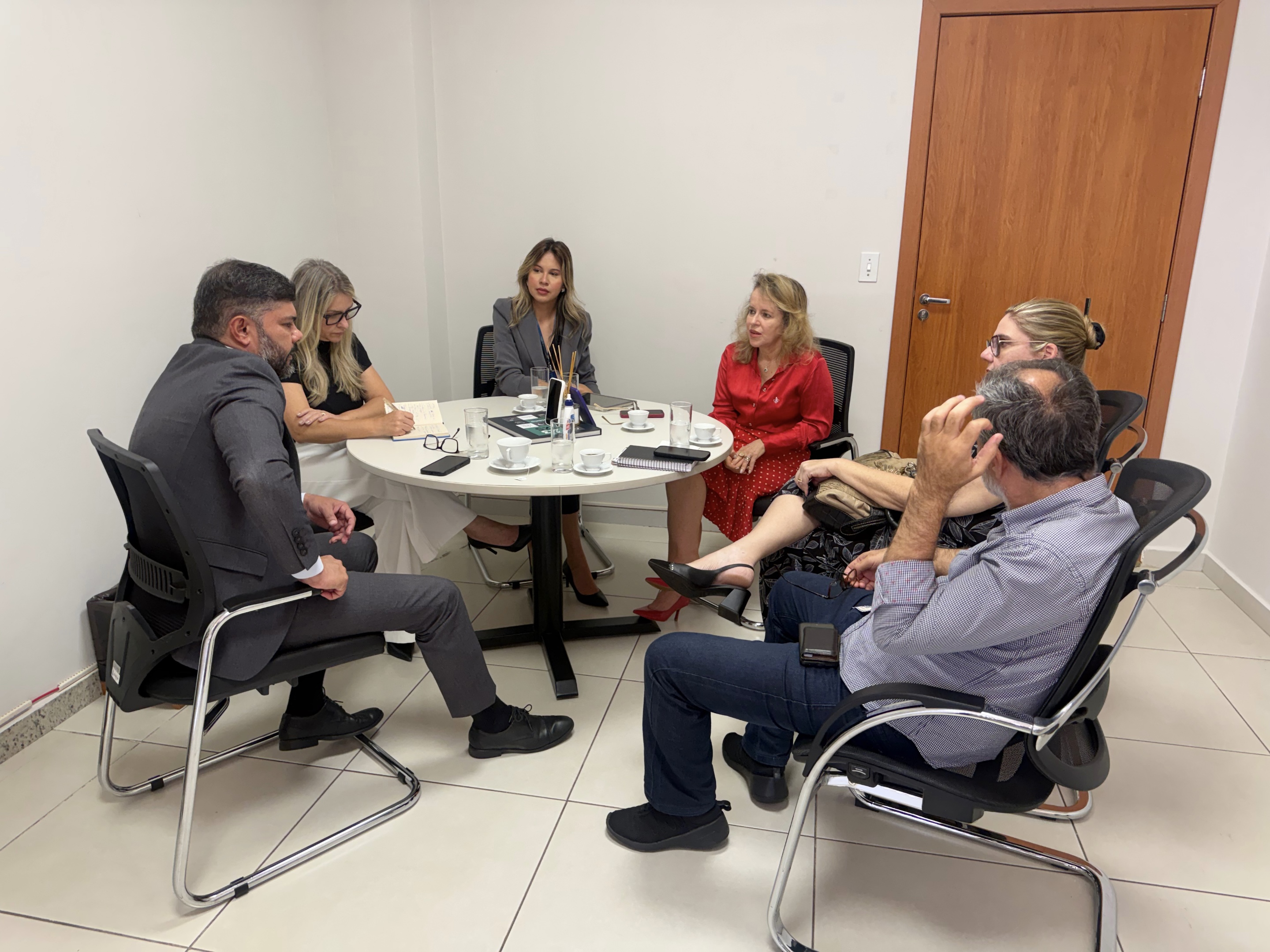 Reunião em sala fechada, com seis pessoas sentadas ao redor de uma mesa redonda. Sobre a mesa há cadernos, celulares, copos, xícaras de café e materiais de anotação. Os participantes estão sentados em cadeiras, em ambiente institucional, durante uma conversa presencial.