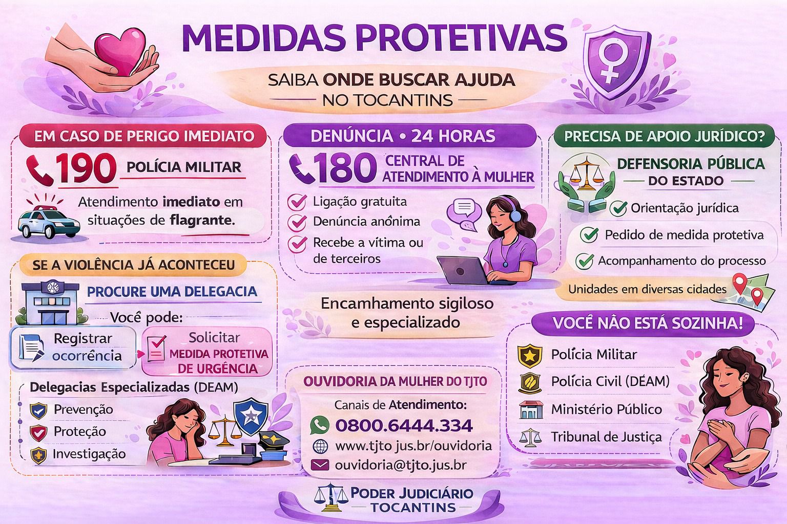 Infográfico horizontal em tons de roxo e rosa, intitulado “Medidas Protetivas”, com orientações sobre onde buscar ajuda no Tocantins.  Apresenta:  190 – Polícia Militar para emergência imediata;  180 – Central de Atendimento à Mulher para denúncias 24h;  Defensoria Pública para apoio jurídico;  Orientação para procurar delegacia e solicitar medida protetiva;  Contatos da Ouvidoria da Mulher do TJTO (telefone, site e e-mail);  Rede de apoio com Polícia Militar, Polícia Civil, Ministério Público e Tribunal de Justiça.  Destaca que medida protetiva garante segurança, afastamento do agressor e proteção da vítima.