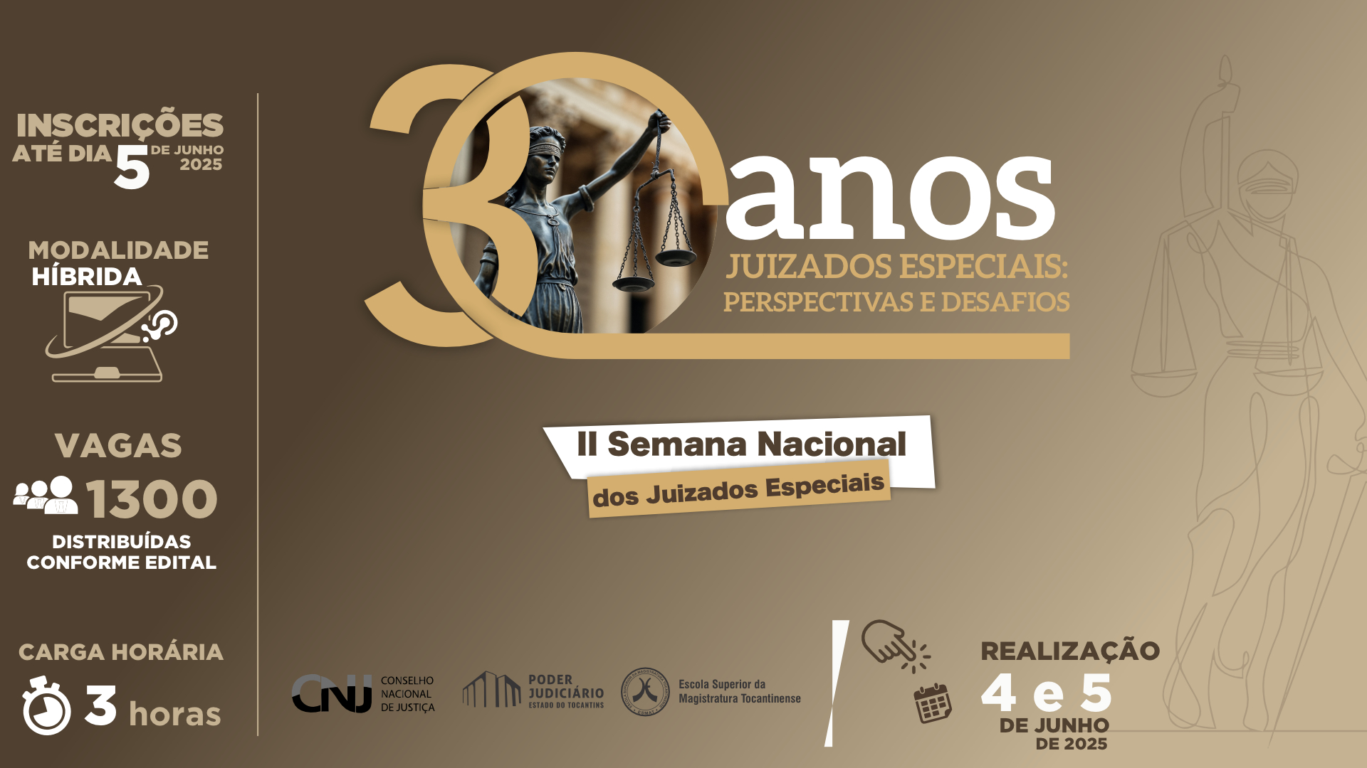 Imagem ilustrativa sobre os 30 anos dos juizados especiais com tons dourados, branco e preto.