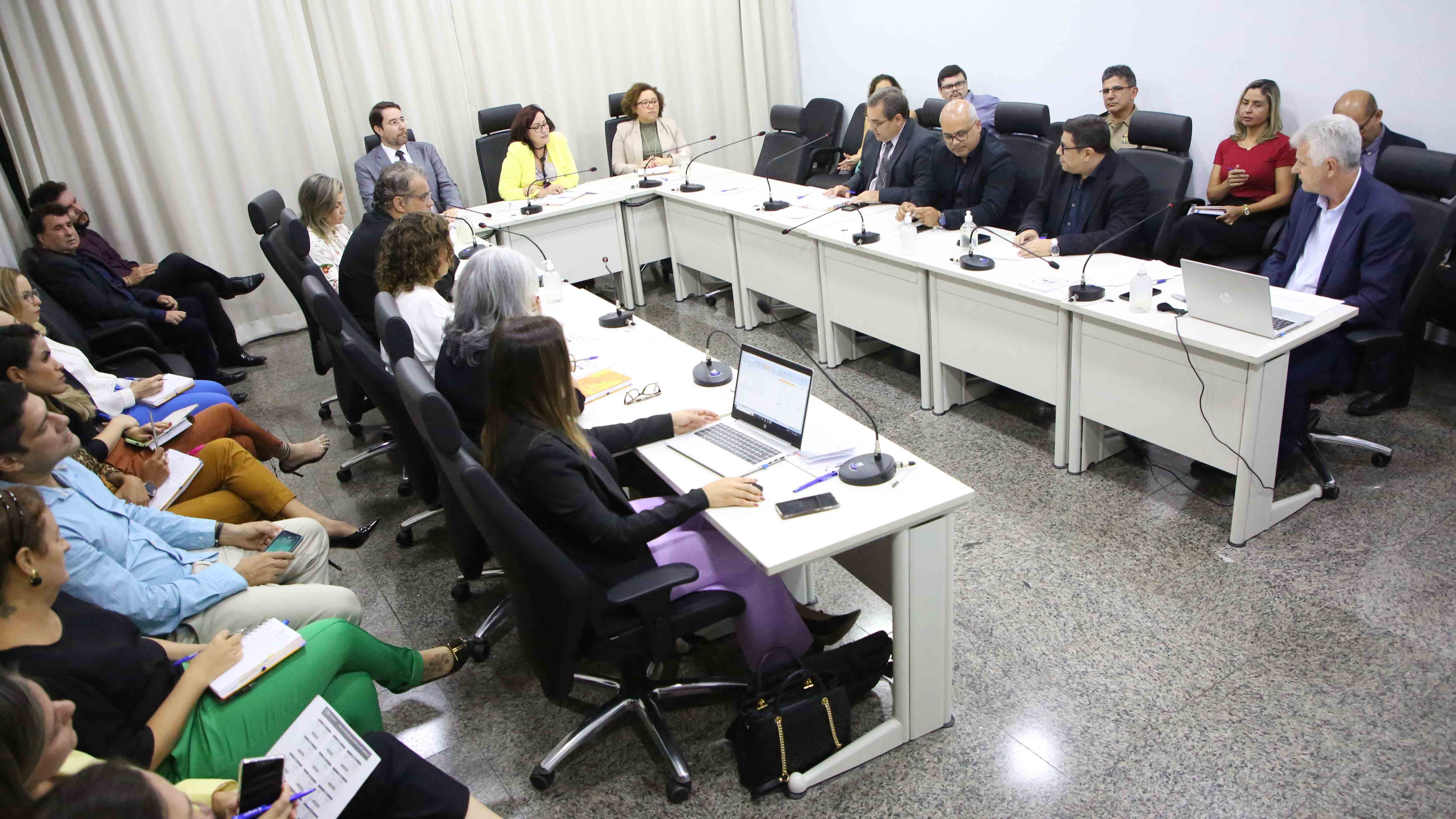 Presidente do TJ, de amarelo ao fundo, durante reunião com diretores e servido sobre o PAC-TJTO