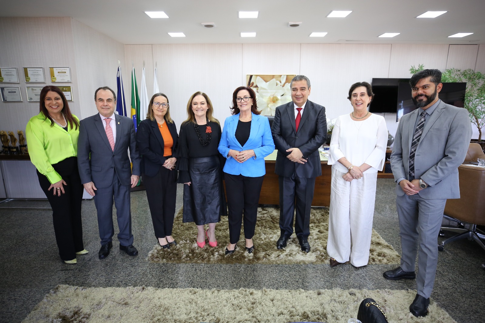 Na ordem da esquerda para direita, presidente da Asmeto, juíza Odete Almeida, de blusa Verde e calça preta; o desembargador Marco Villas Boas, de terno cinza e gravata rosa; a desembargadora Maysa Vendramini, de blazer preto e blusa laranja; desembargadora Regina Célia, de roupa preta e sapatos cor de rosa; desembargadora Etelvina, de calça e blusa preta e blazer azul; desembargador Elcio Mendes de terno escuro e gravata vermelha; desembargadora Angela Haonat, de branco; e o juiz Wellington Magalhães, de terno cinza e gravata quadriculada nos tons de cinza e preto.