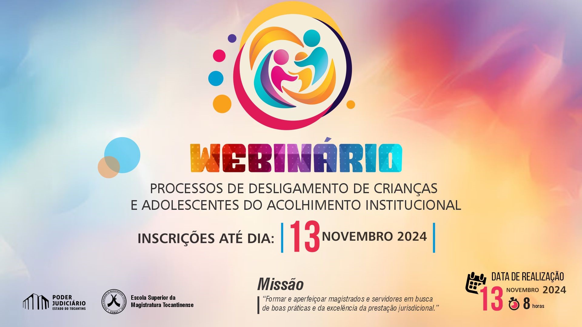 A imagem tem um fundo colorido, com tons de azul, roxo e laranja, e apresenta elementos gráficos que remetem a união e proteção, com destaque para o logotipo de duas figuras se abraçando.