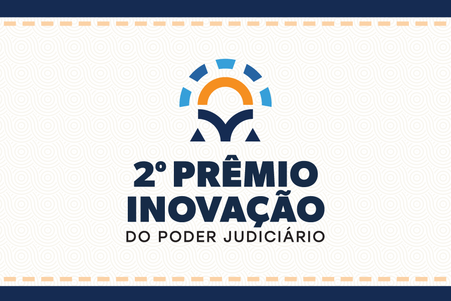 Banner do 2º Prêmio Inovação do Poder Judiciário, com logotipo nas cores azul, laranja e branco sobre fundo claro com padrões circulares.