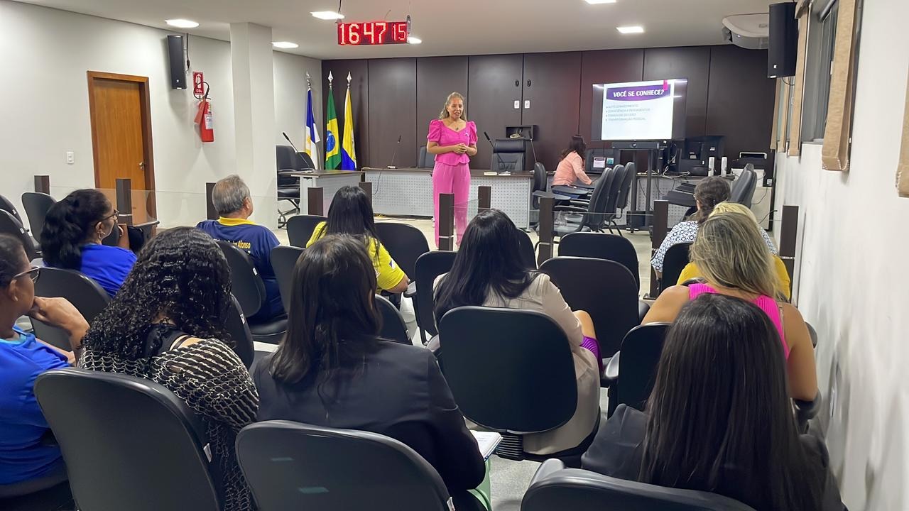 Uma mulher de rosa está dando uma palestra em uma sala, enquanto várias pessoas estão sentadas ouvindo. No fundo tem bandeiras e um telão com a apresentação.