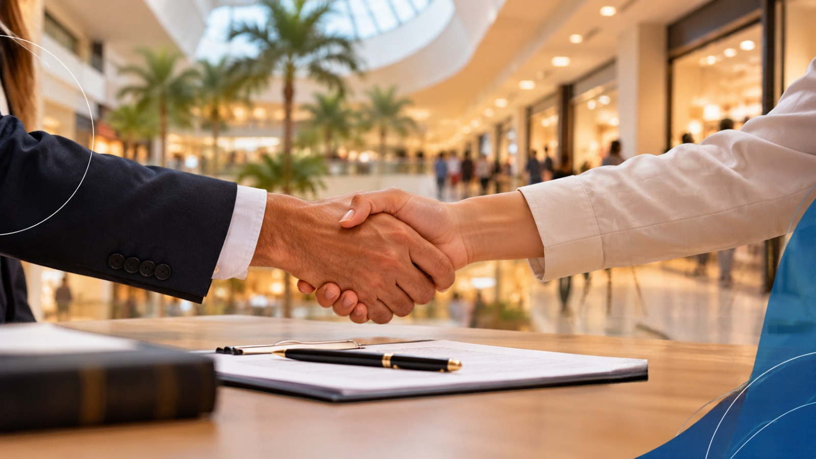 Imagem ilustrativa mostra o interior de shopping no fundo, levemente desfocado, e em primeiro plano os braços e mãos de um homem e de uma mulher de ternos apertando as mãos em sinal de conciliação