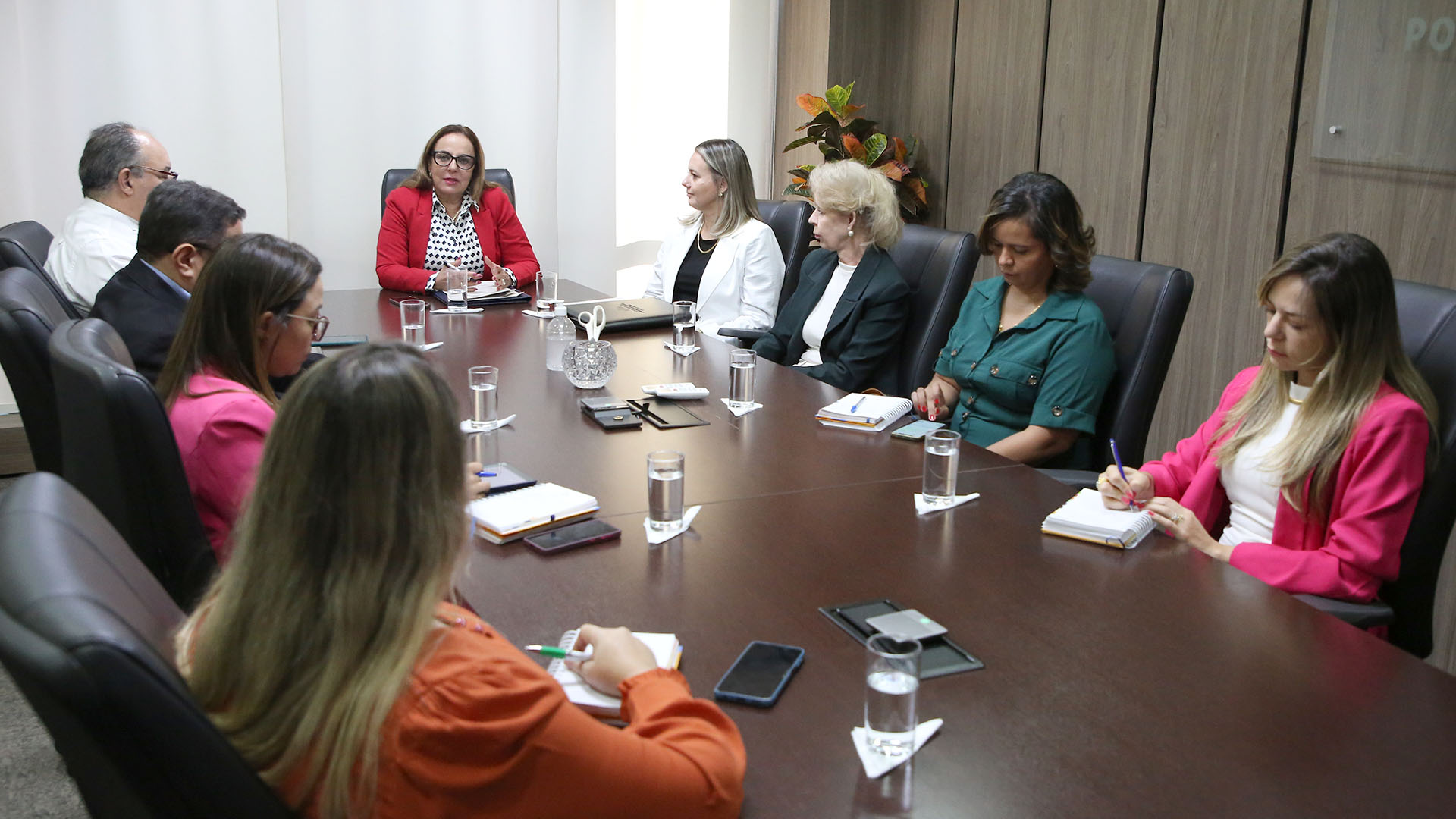 Desembargadora Ângela Prudente de roupa vermelha e banca sentada ao fundo da mesa ao lado de mebros do Comitê Gestor de Inovação do TJTO