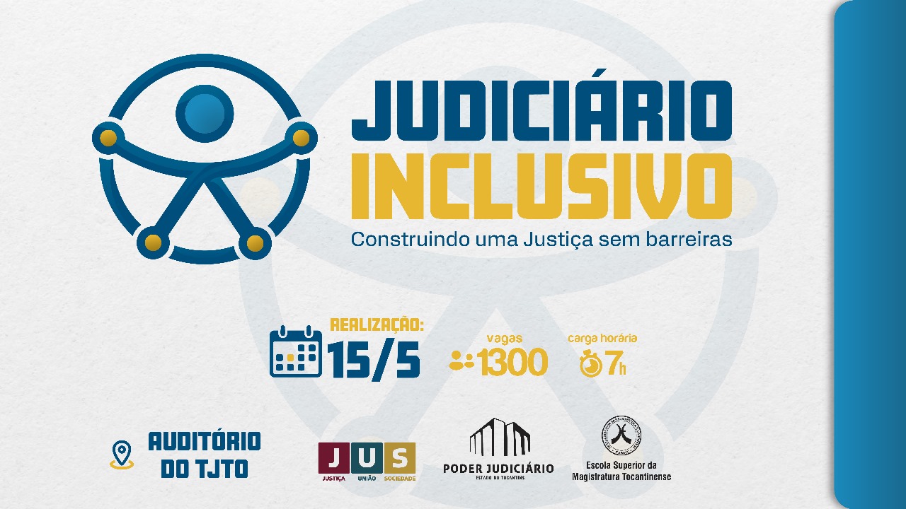 Card na cor branca e borda direita azul, do lado esquerdo tem um circulo e dentro um desenho de uma bola que com resto do resenho formam uma pessoa, tem um título escrito na cor azul escuro o nome Judiciário e na cor amarelo abaixo estar escrito inclusivo.