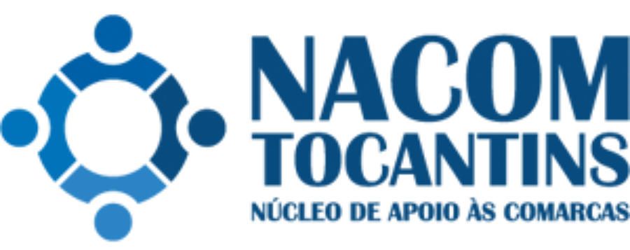 Imagem com fundo branco com a palavra "Nacom Tocantins Núcelo de Apoio às Comarcas" em fonte azul. À esquerda a logo do Nacom, um círculo em tons de azul claro e escuro