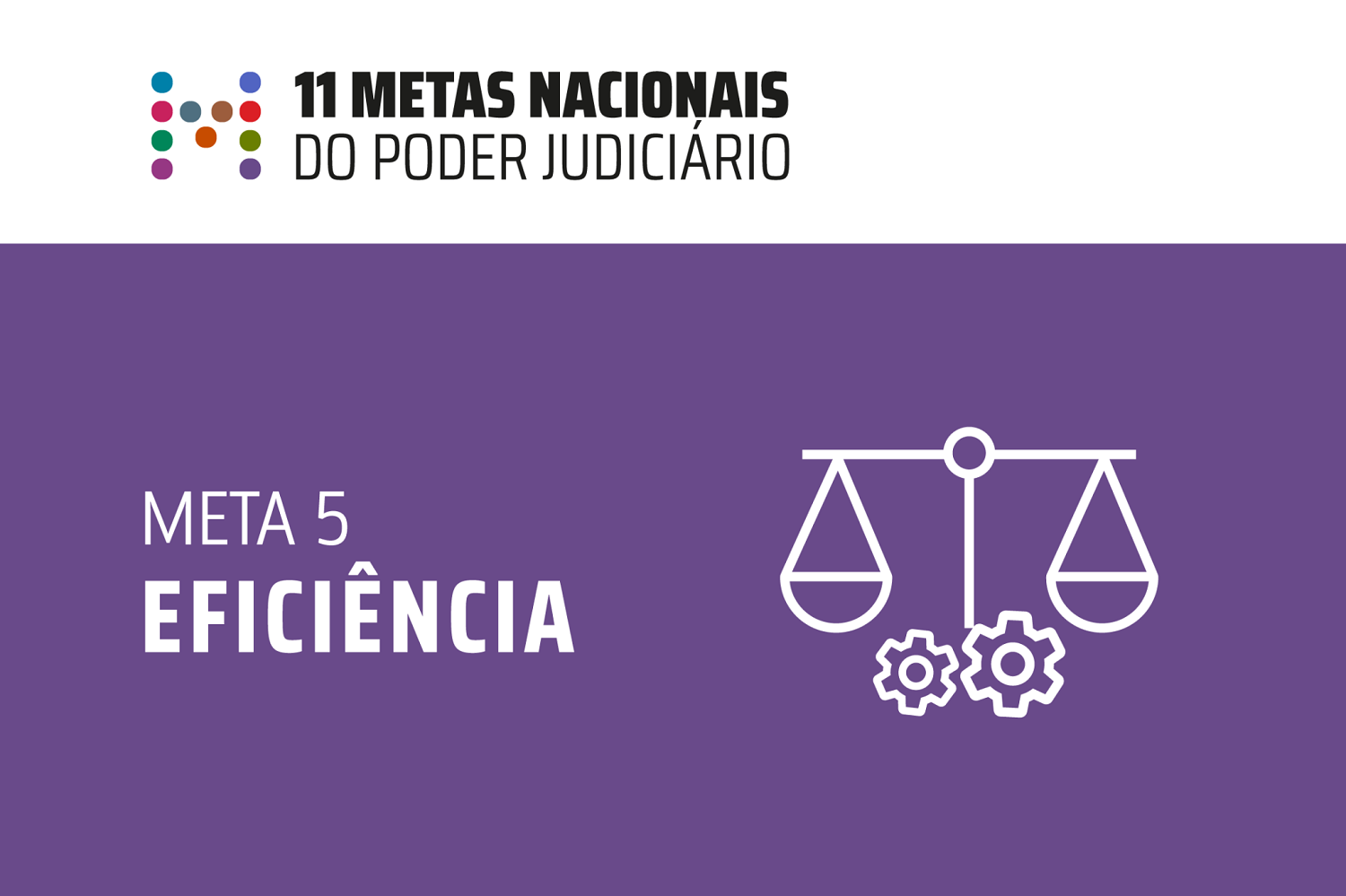 Imagem com o título "Meta 5 - Eficiência" das 11 Metas Nacionais do Poder Judiciário, apresentando ícones de balança e engrenagens sobre fundo roxo.