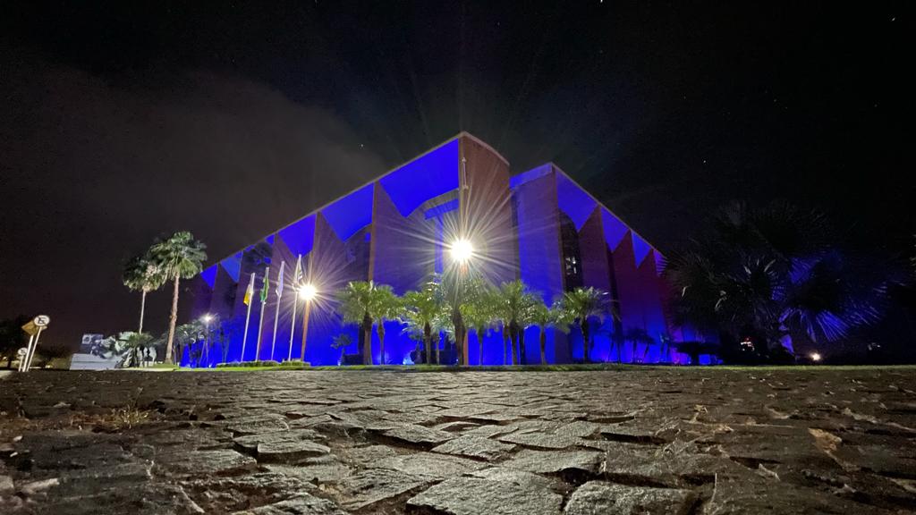 A imagem mostra um grande edifício iluminado de azul à noite. Na frente do edifício, há uma fileira de palmeiras e postes de luz. O chão é feito de pedras irregulares. A perspectiva da imagem é de baixo para cima, dando ao edifício uma aparência imponente.