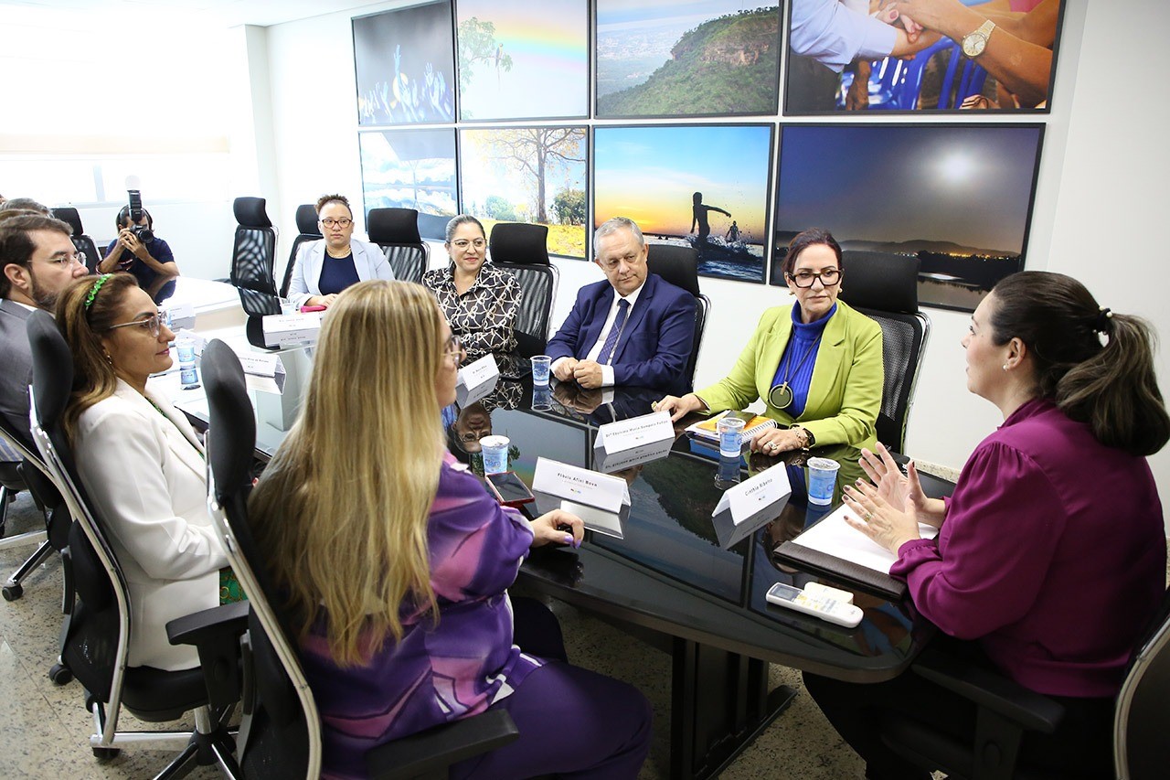 Fotografia colorida da reunião entre a desembargadora Etelvina Maria Sampaio Felipe, presidente do TJTO, e a prefeita de Palmas, Cinthia Ribeiro