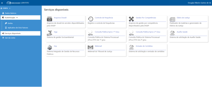 Menu autenticação e opção senha
